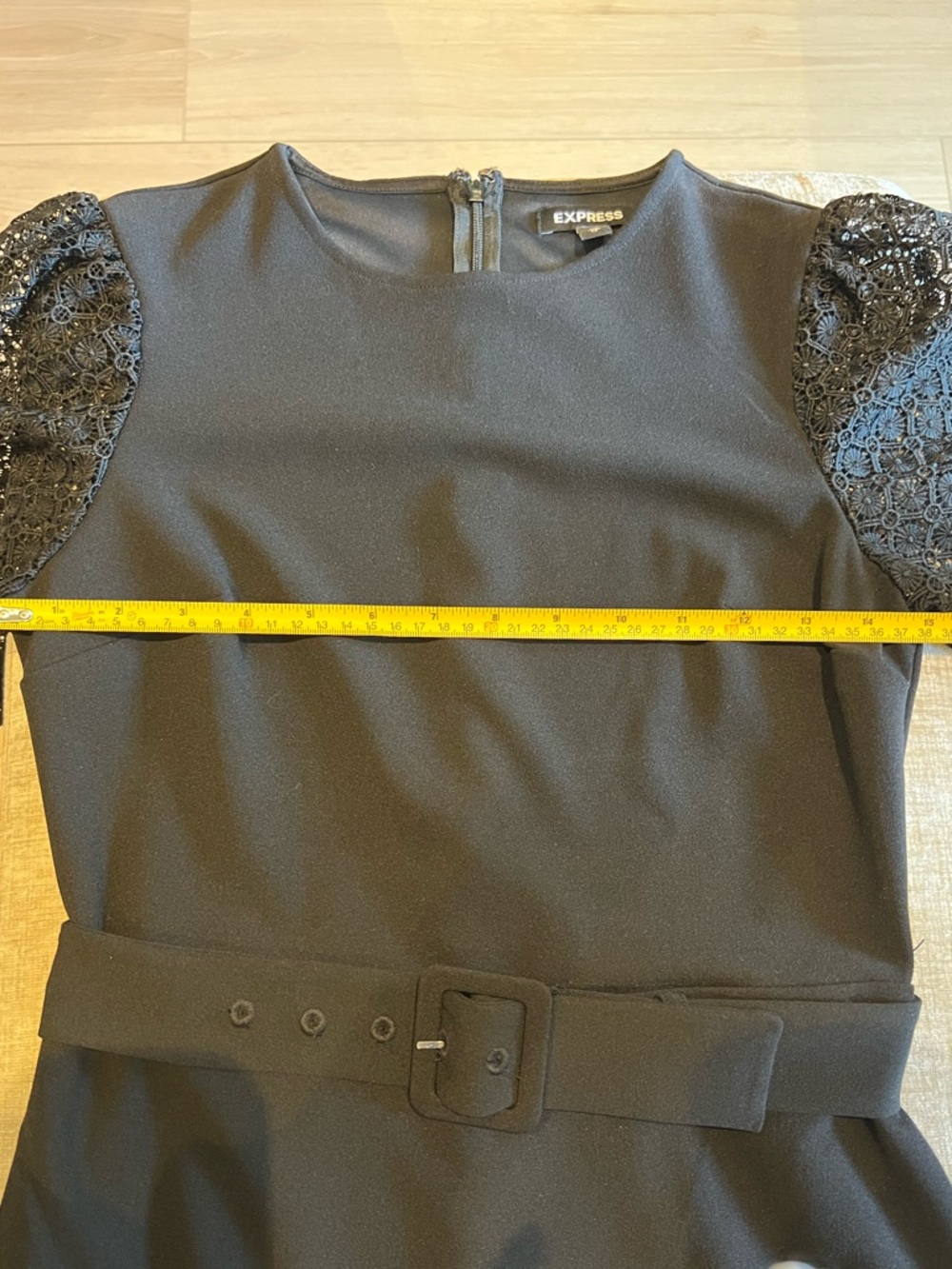 Express Black Lace-Sleeve Sheath Dress with lace embroidery sleeve detail + belt - Picture 5 of 7